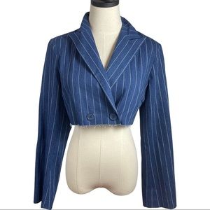 UO navy and white pinstripe cropped denim light blazer